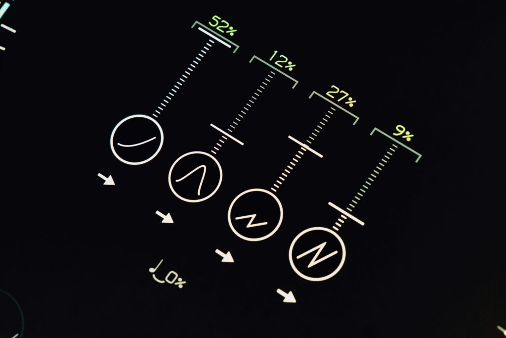 Conceptual display of futuristic user interface with percentages and symbols.
